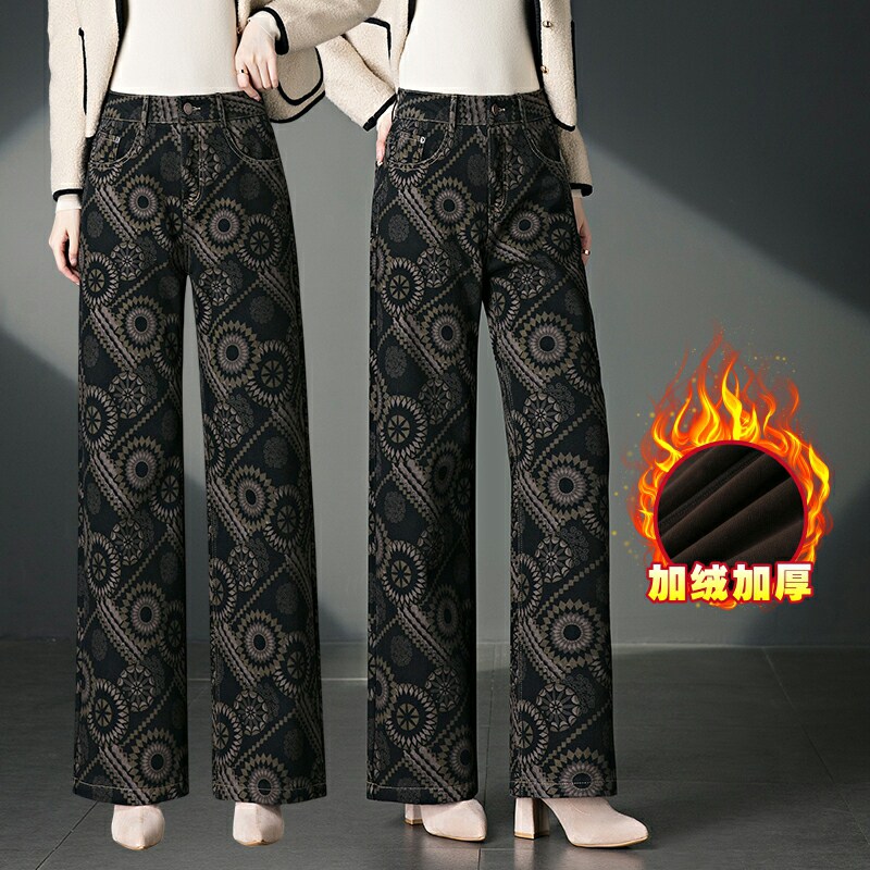 波西米亚加绒加厚阔腿直筒裤女冬