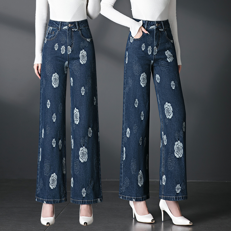 提花国风中年妈妈窄版阔腿牛仔裤