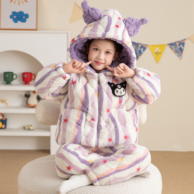 冬季三层夹棉加厚女童珊瑚绒睡衣