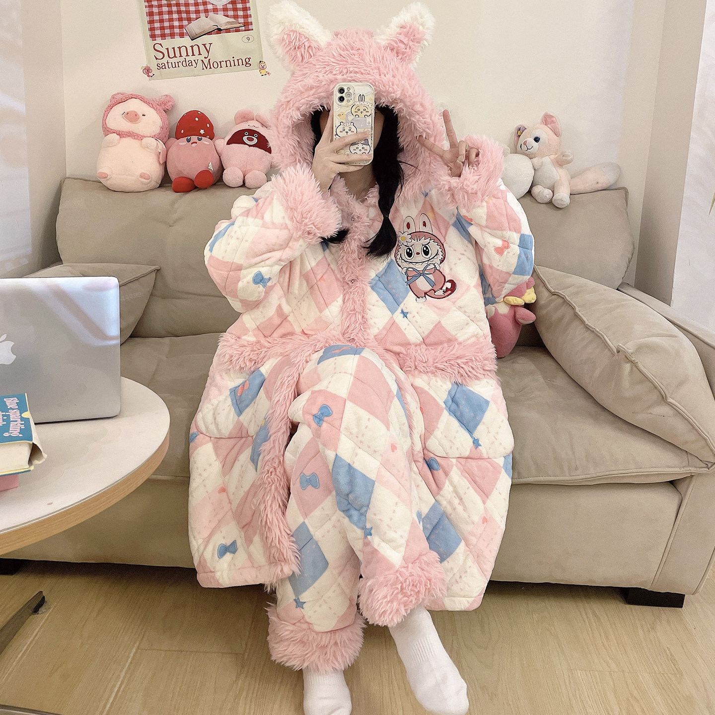 labubu女生睡衣冬季加厚加绒三层夹棉保暖大童学生中长款睡袍套装,童装/婴儿装/亲子装,家居服套装,淘宝优惠券,粉丝福利购,淘宝优惠卷