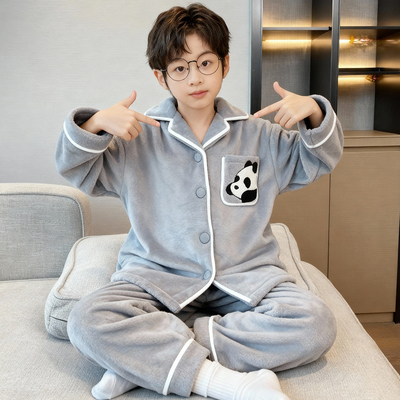 男童睡衣冬季珊瑚绒加厚2025新款中大童法兰绒卡通熊猫家居服套装