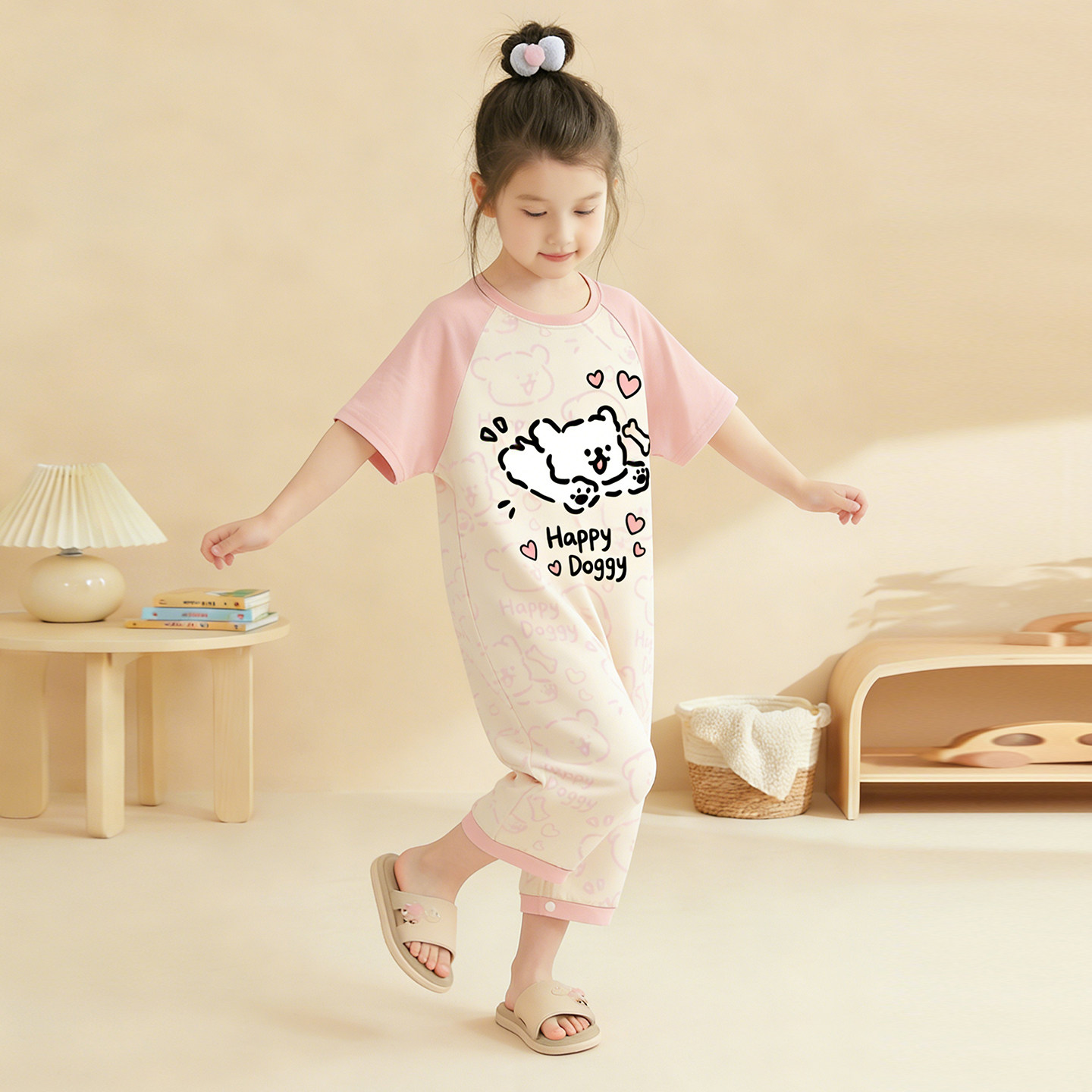 线条小狗儿童睡袋夏季薄款纯棉分腿防踢被女童连体睡衣短袖家居服