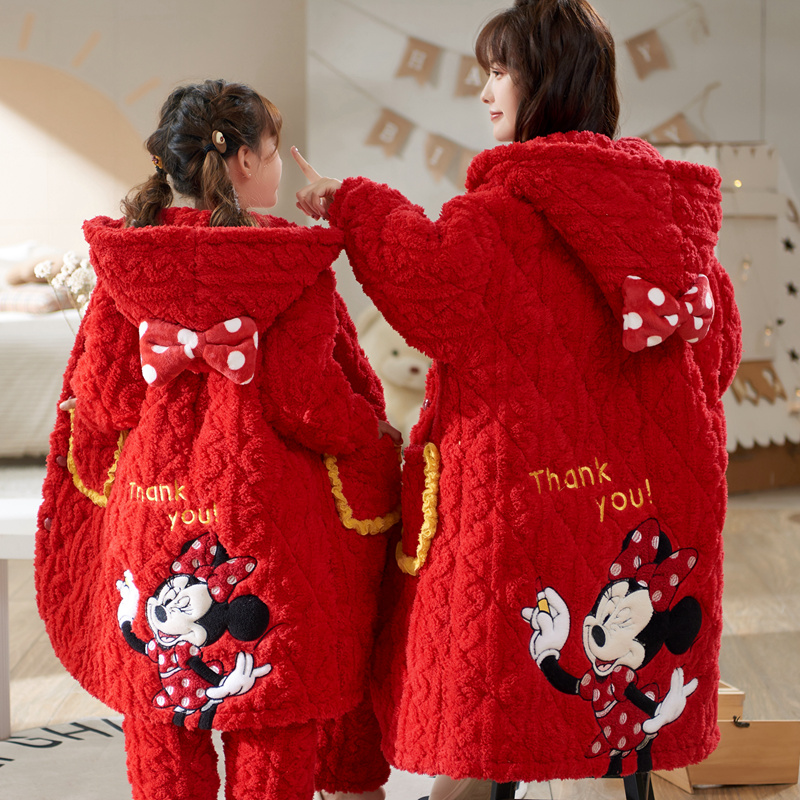 大红米奇三层加厚珊瑚绒夹棉母女睡衣亲子装喜庆冬睡袍套装家居服