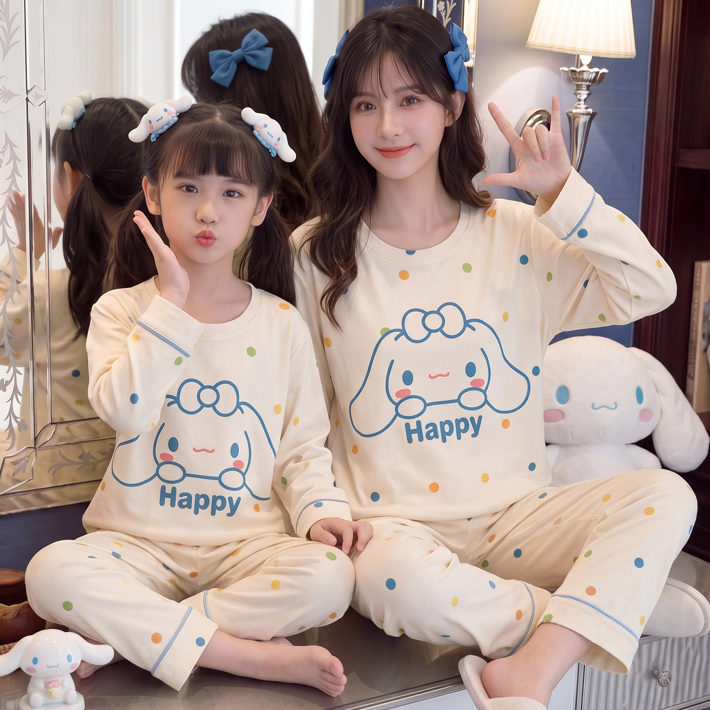 洋气母女睡衣纯棉长袖亲子装春秋季可爱女孩中大童卡通儿童家居服