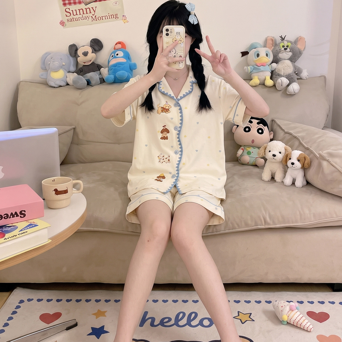 夏季睡衣女孩大童短袖纯棉薄款初中学生少女开衫可外穿家居服套装 - 实物图