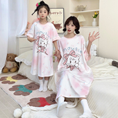 过膝家居服长裙子 洋气女童睡衣薄款 2026夏款 母女亲子睡裙纯棉短袖