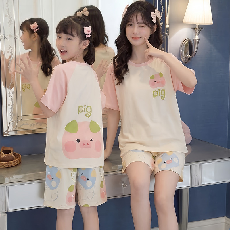 可爱卡通小猪母女睡衣女孩大童夏季薄款短袖纯棉亲子家居服两件套