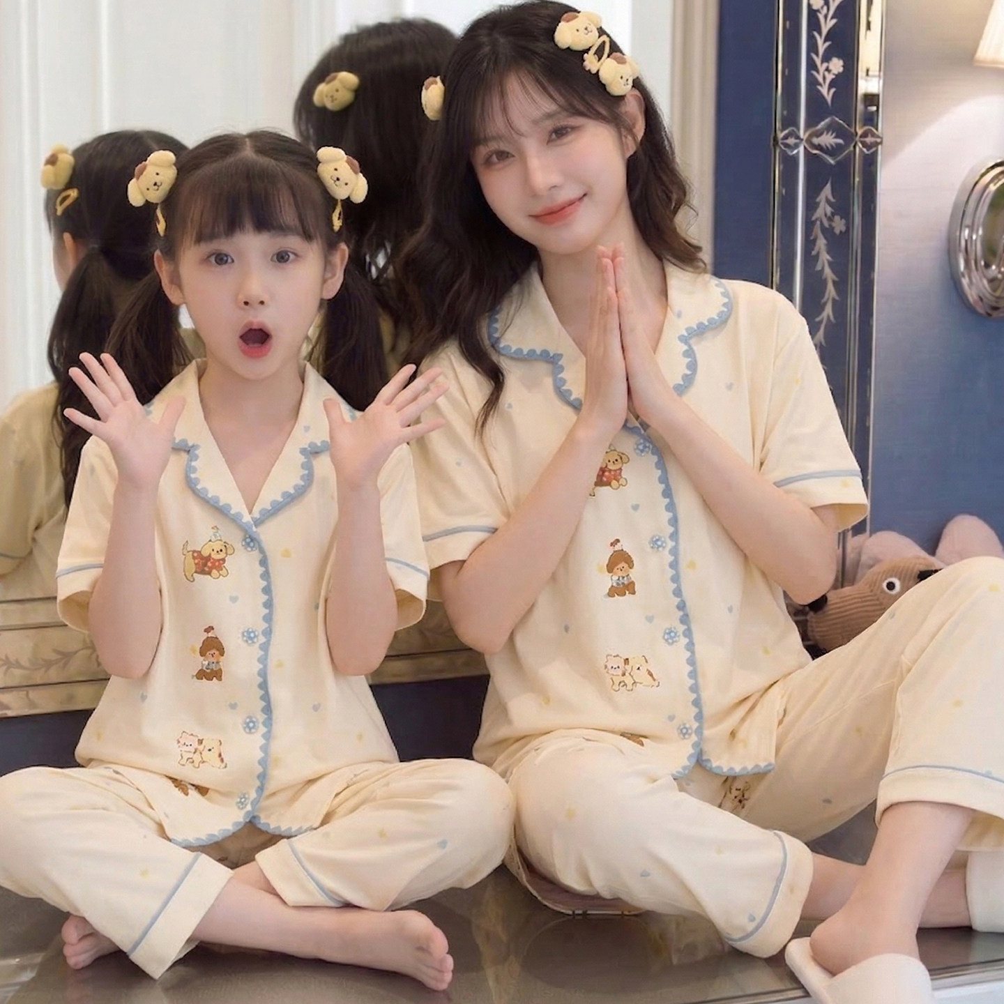 2026夏季空调服纯棉母女亲子睡衣卡通小狗短袖长裤女童薄款家居服