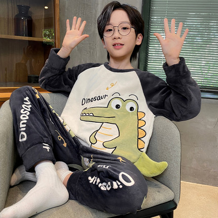 恐龙男童睡衣冬季珊瑚绒卡通男孩中大童薄款法兰绒秋冬家居服套装