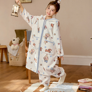 网红女童睡衣冬季加厚法兰绒网红星星人女孩甜美可爱睡袍睡裤套装
