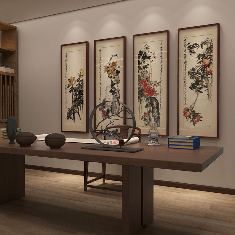 米亦堂x吴昌硕 新中式花鸟四条屏菊花国画客厅餐厅书房玄关挂画竖
