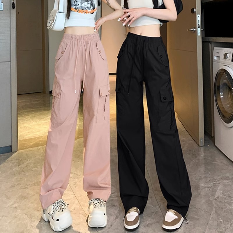 粉色工装阔腿裤女新款高腰垂感小个子美式运动百搭直筒休闲束脚裤