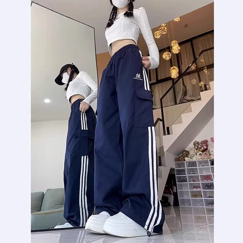 条纹美式hiphop工装裤女复古运动裤宽松百搭时尚三条杠休闲束脚裤