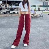 裤 子女潮流美式 复古宽松百搭阔腿长裤 红色休闲工装 街头跳舞拖地裤