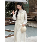 七与珍珠 连衣裙 钻石绒收腰长款 暮雪 复古千金优雅杏色长袖