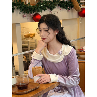 七与珍珠“暮色蔷薇”优雅雾紫色长袖裙子气质收腰长款丝绒连衣裙