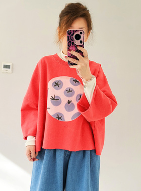 韩国进口seubong春季新款宽松印花纯棉毛圈九分袖圆领套头女卫衣