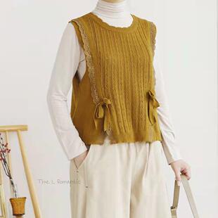 韩国进口the L春季新款文艺范蕾丝拼接羊毛马甲无袖针织衫毛背心