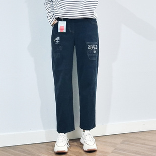 韩国进口ntg秋冬新款加绒加厚史努比刺绣弹力平绒微垮宽松女裤子