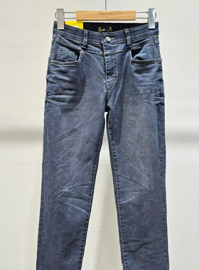 韩国进口Aurora春夏款水洗灰蓝色字母刺绣个性弹力修身直筒牛仔裤