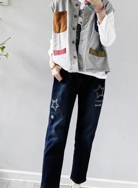 韩国进口aurora冬季新款星星毛织刺绣深蓝色微垮烟管加绒牛仔裤