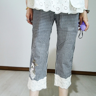 韩国进口苏姑娘家田园夏季新款薄款森系棉质格子直筒裤七八分裤女