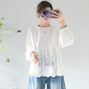 韩国进口bloom秋季新款纯棉拼接镂空A字版型宽松遮肉圆领白衬衫