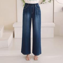 韩国进口vikini2025春季新款松紧腰弹力阔腿百搭简约长裤女牛仔裤