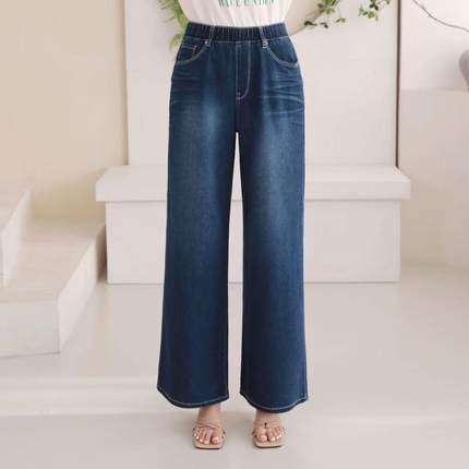 韩国进口vikini2025春季新款松紧腰弹力阔腿百搭简约长裤女牛仔裤