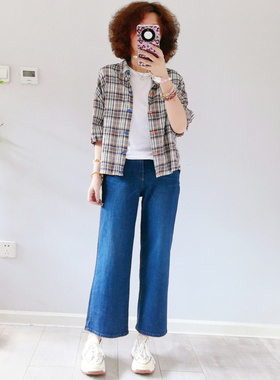 韩国进口aurora秋季新款兔子刺绣蓝色高腰弹力直筒小阔腿牛仔裤女