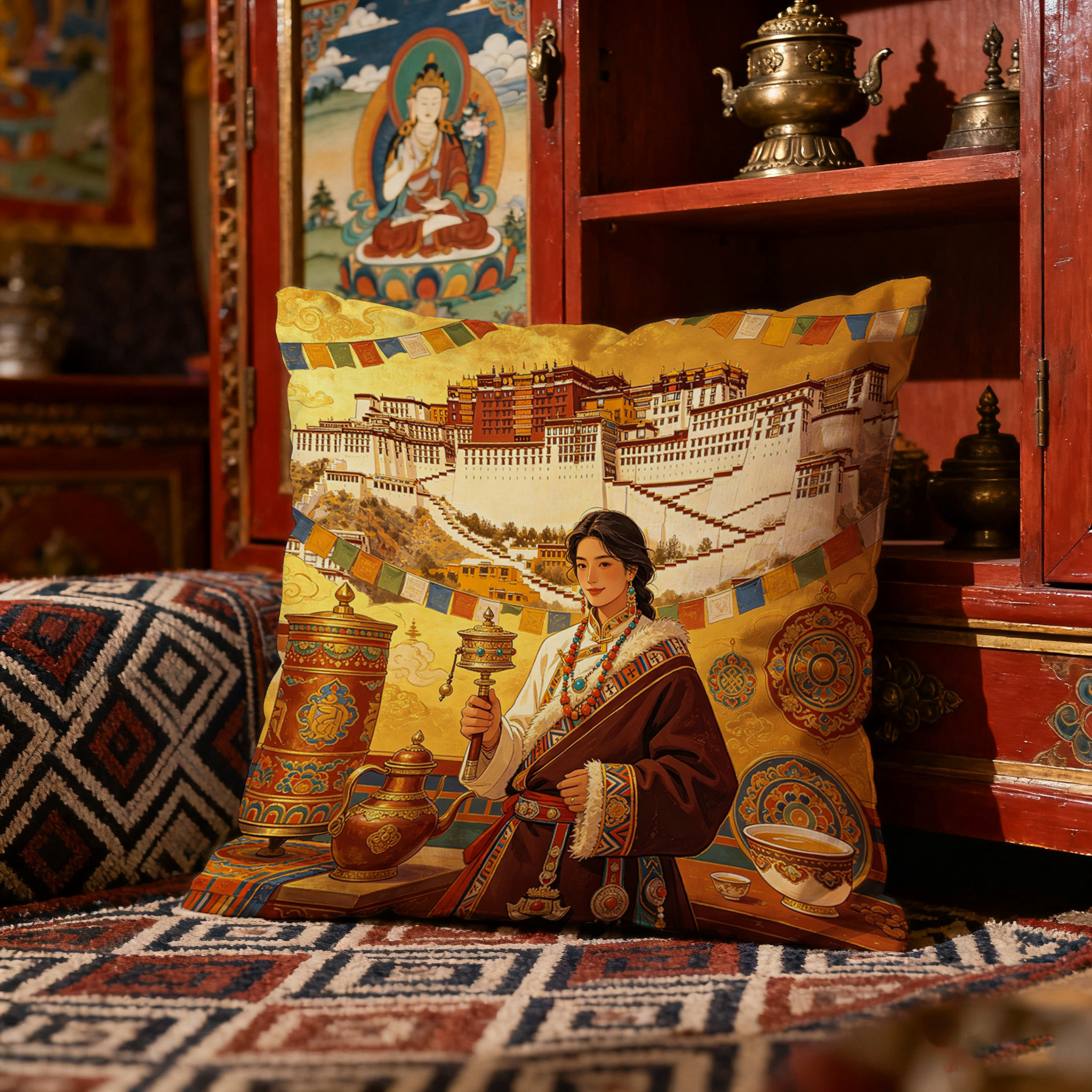 民族风布艺沙发客厅抱枕 西藏八宝吉祥靠垫 藏式民宿家居装饰车枕