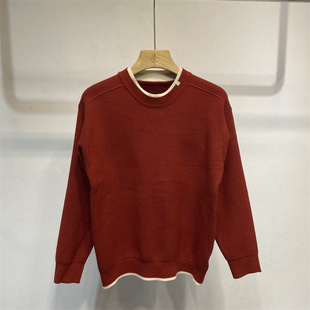 设计感圆领针织衫男红色假两件撞色边休闲百搭毛衣潮中国红加绒衣