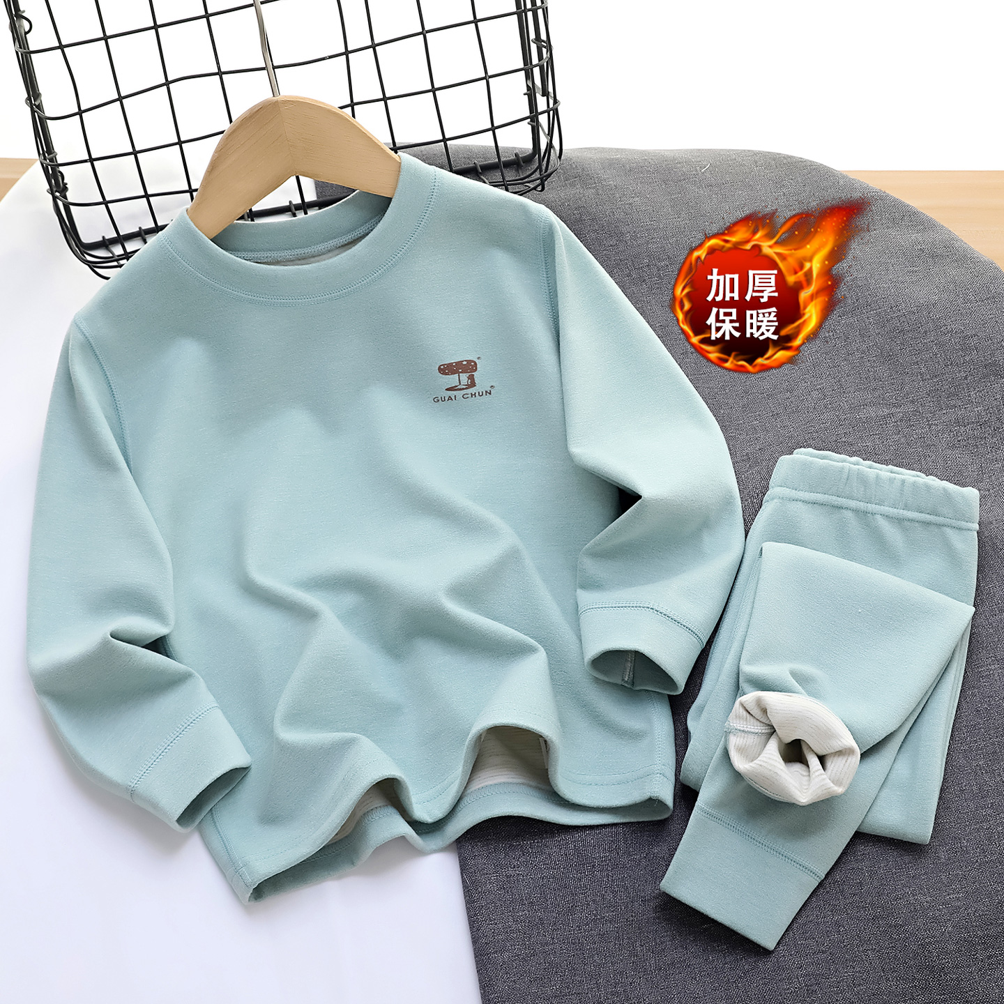 羊毛蚕丝儿童保暖内衣套装秋冬男童德绒秋衣秋裤女童保暖套装家居