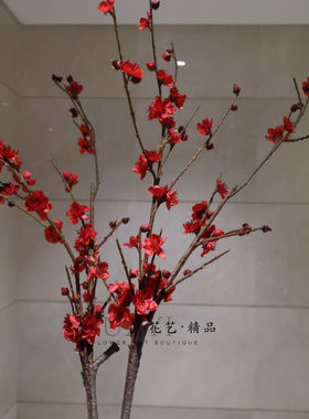 古树头红梅仿真腊梅花红色中式客厅装饰花艺摆件室内假花樱花桃花