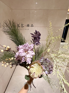 定制搭配仿真花束紫色系假花帝王松针装饰花客厅桌面摆件礼物