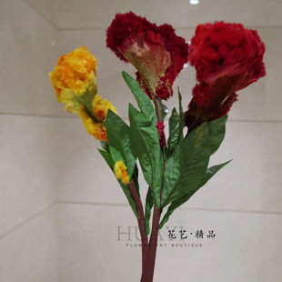 仿真鸡毛花束鸡冠花红色黄色家居装饰摆件大花头家居摆件现代轻奢