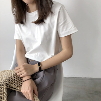 棉质直筒t恤女短袖2020年夏季新款纯色圆领百搭显瘦常规打底白色T