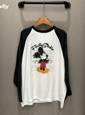 fizzfly |  设计师品牌2025新款夏装 米奇 桑蚕丝 拼色 长袖 T恤