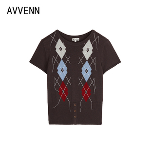 【拍下立减】AVVENN | 正品26秋装 咖色针织短袖T恤AK70601690