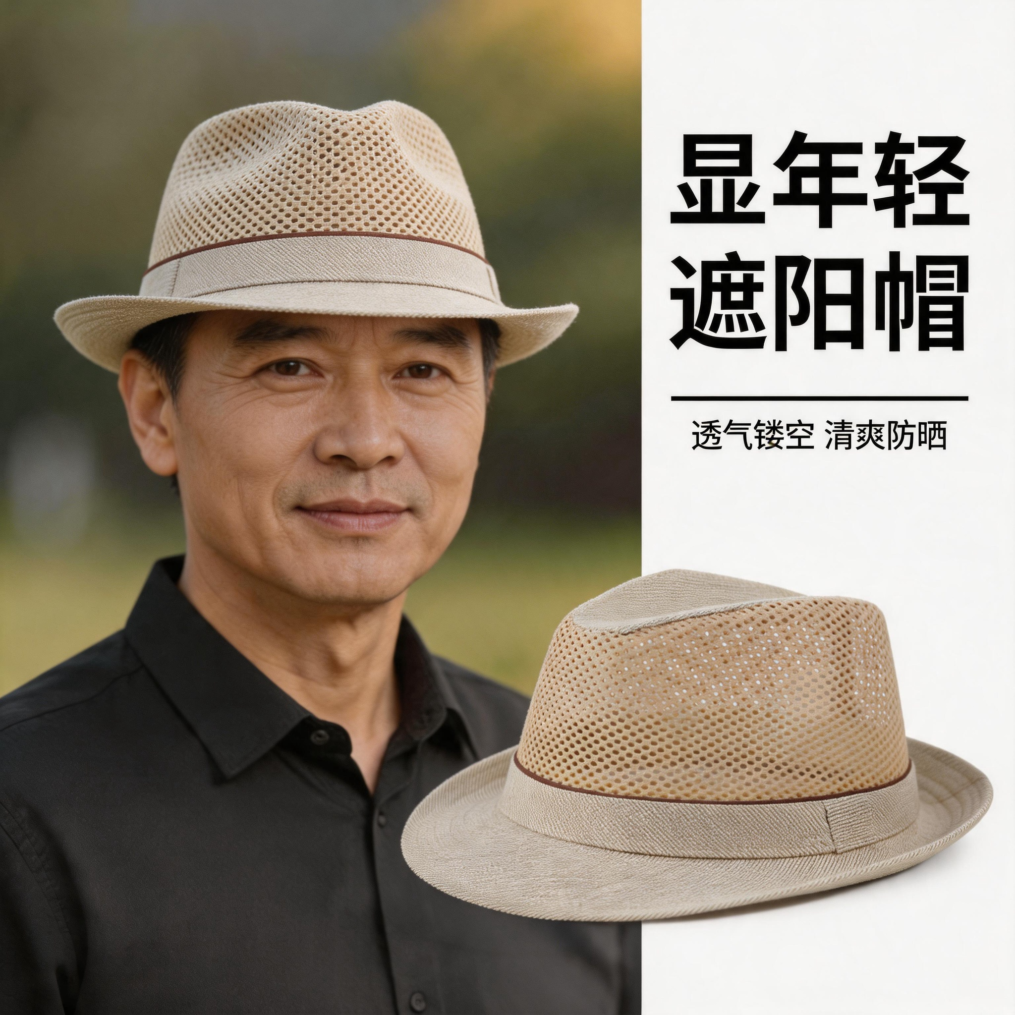 中年宽檐男士夏季遮阳礼帽网眼透气防晒草帽中老年爸爸爷爷度假帽