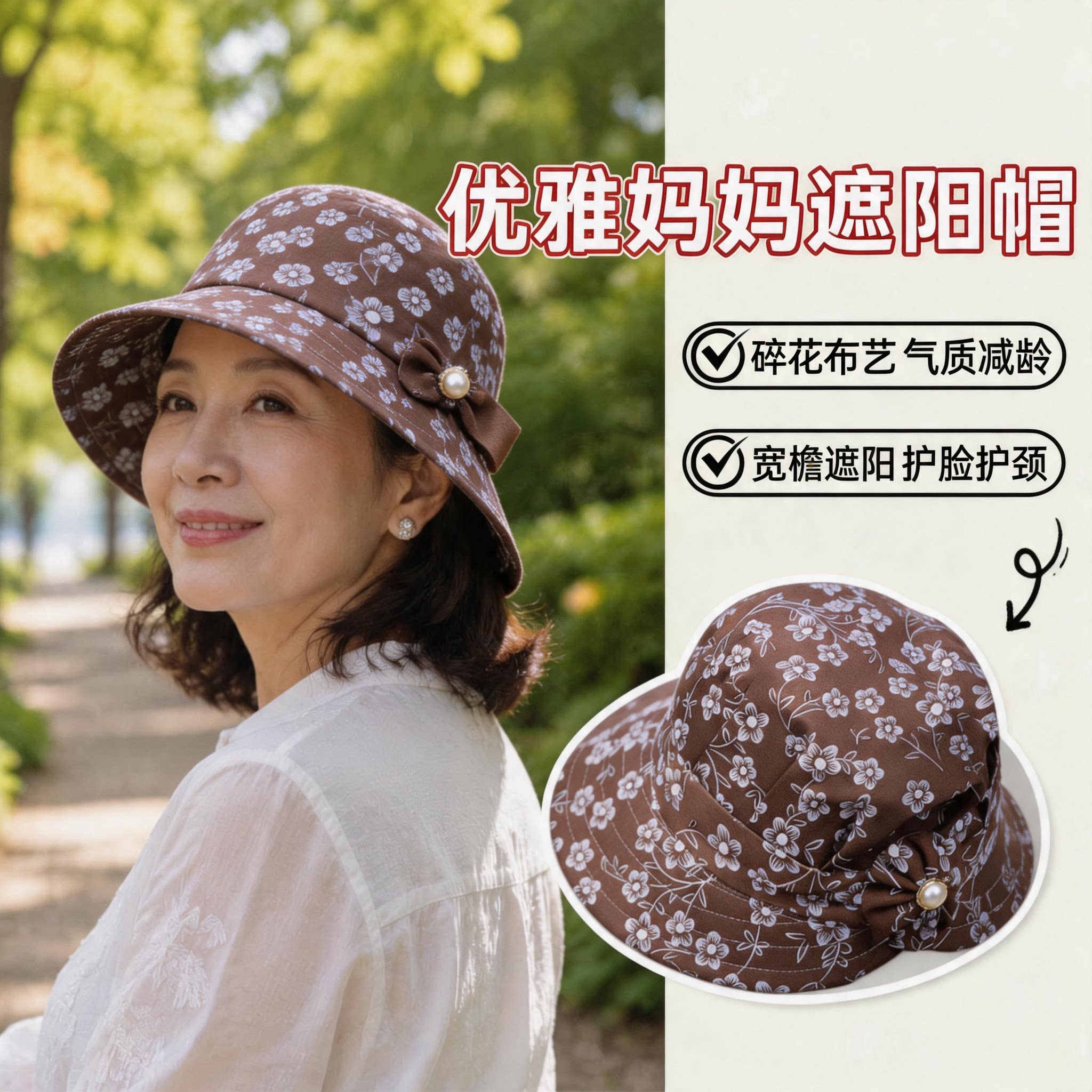 妈妈遮阳帽夏中老年防晒帽户外休闲可折叠渔夫帽轻盈时尚百搭礼帽