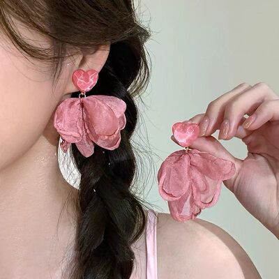 S925韩国网纱爱心花朵耳钉女耳饰轻奢高级感甜美夏季设计耳环耳坠