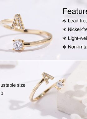 欧美26个英文姓名首字母戒指18K金微镶锆石开口戒饰品