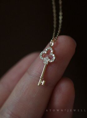 S925纯银镀14K金项链 古董感小钻钥匙吊坠轻奢法式复古K金挂坠