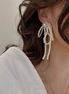 韩国东大门同款ins网红超仙长款珍珠蝴蝶结耳环夸张气质耳坠耳饰