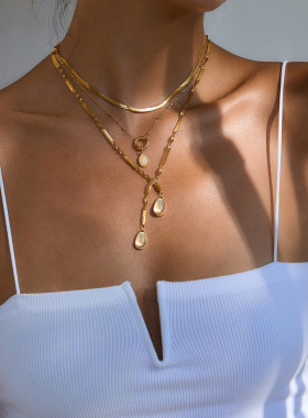 杰鼎欧美不锈钢水滴玻璃吊坠项链