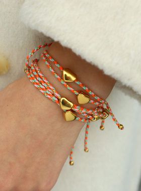 跨境爆款桃心吊坠彩色编织棉绳情侣手链 民族度假风钛钢饰品