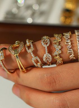 欧美INS风网红款铜18k镀金戒指女士微镶钻镶锆石指环饰品跨境批发