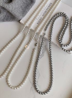 施家真多麻银灰色长款珍珠毛衣链女轻奢小众双层叠戴高档大气项链