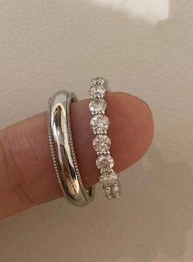 S925纯银简约百搭浪漫情侣求婚对戒叠戴满圈排钻戒指男女镶钻指环